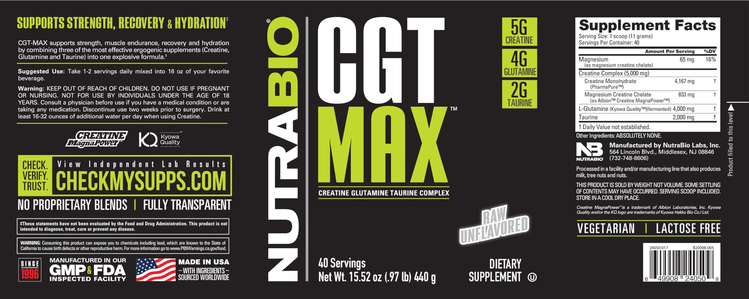 NutraBio CGT-MAX powder label highlighting ingredients and serving size.