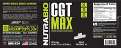 NutraBio CGT-MAX powder label highlighting ingredients and serving size.