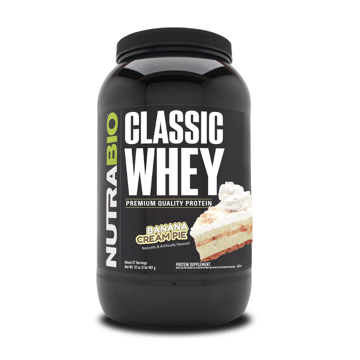 NutraBio Classic Whey Banana Cream Pie tub ready for post-workout shake.