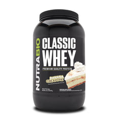 NutraBio Classic Whey Banana Cream Pie tub ready for post-workout shake.