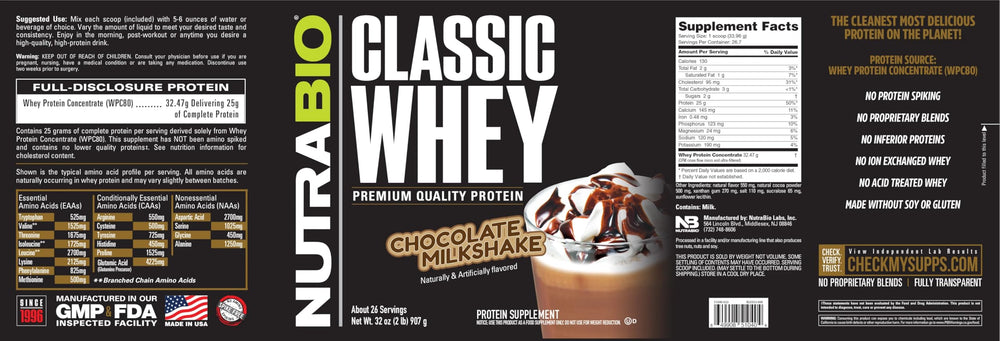 NutraBio Classic Whey label disclosure on pack for transparency.