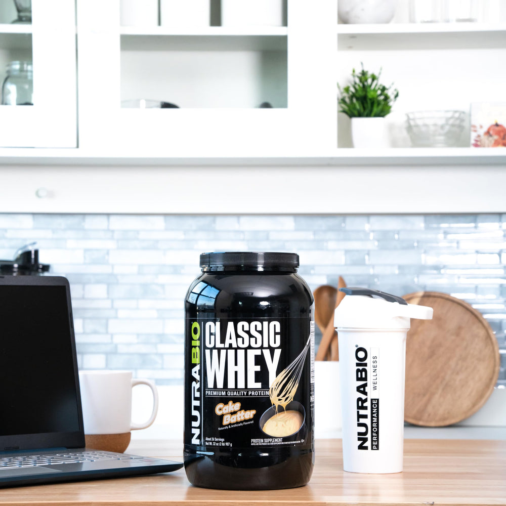 NutraBio Classic Whey mixer-bottle ready for quick shakes.
