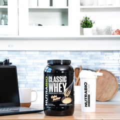 NutraBio Classic Whey mixer-bottle ready for quick shakes.