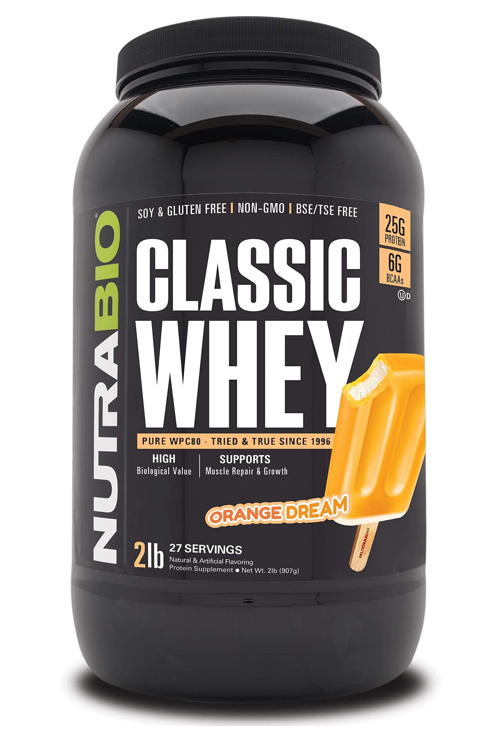 NutraBio Classic Whey Orange Dream canister shown as a convenient protein source for post-workout recovery