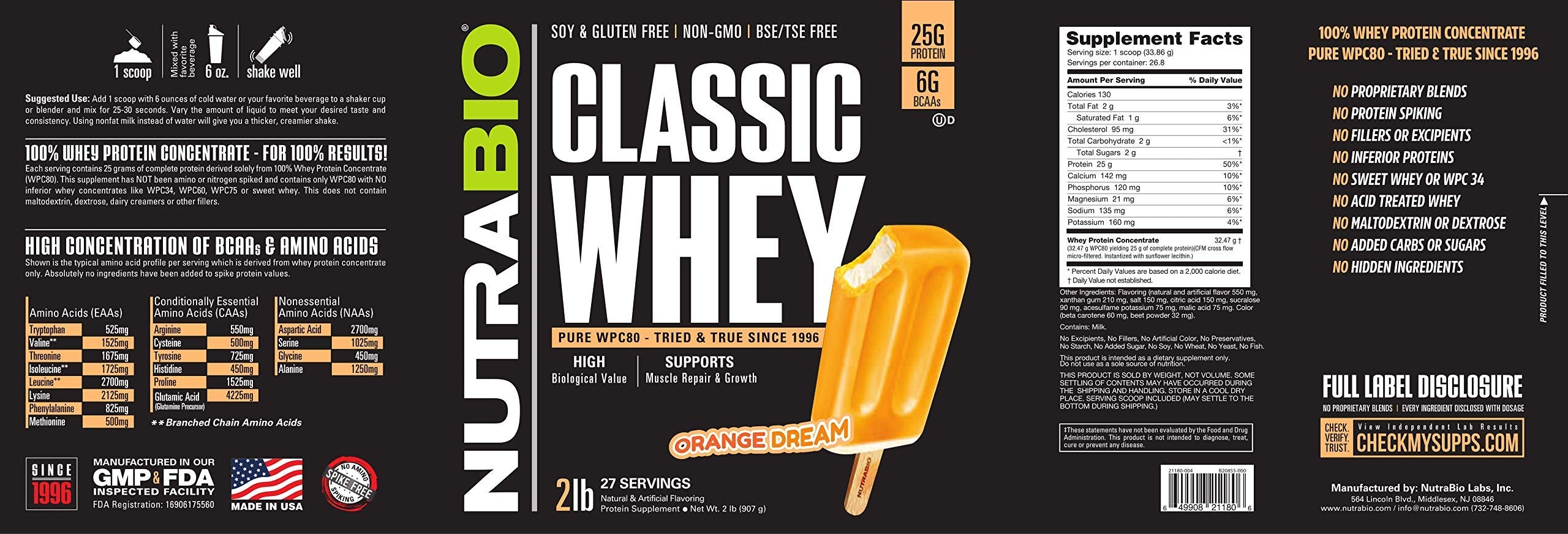 NutraBio Classic Whey Orange Dream label close-up highlighting transparency