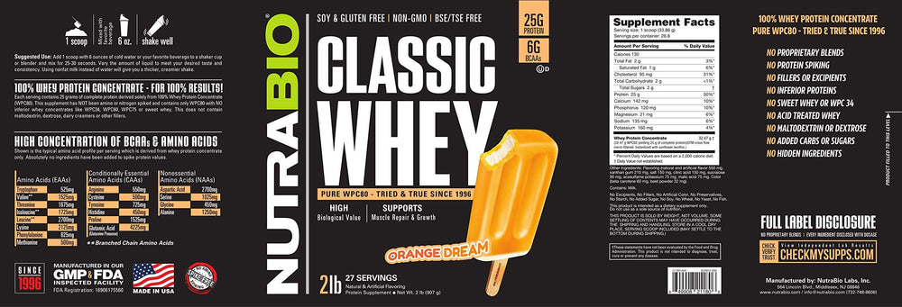 NutraBio Classic Whey Orange Dream label close-up highlighting transparency