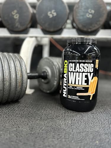 NutraBio Classic Whey Orange Dream scoop highlighting 25 g protein per serving for lean muscle support