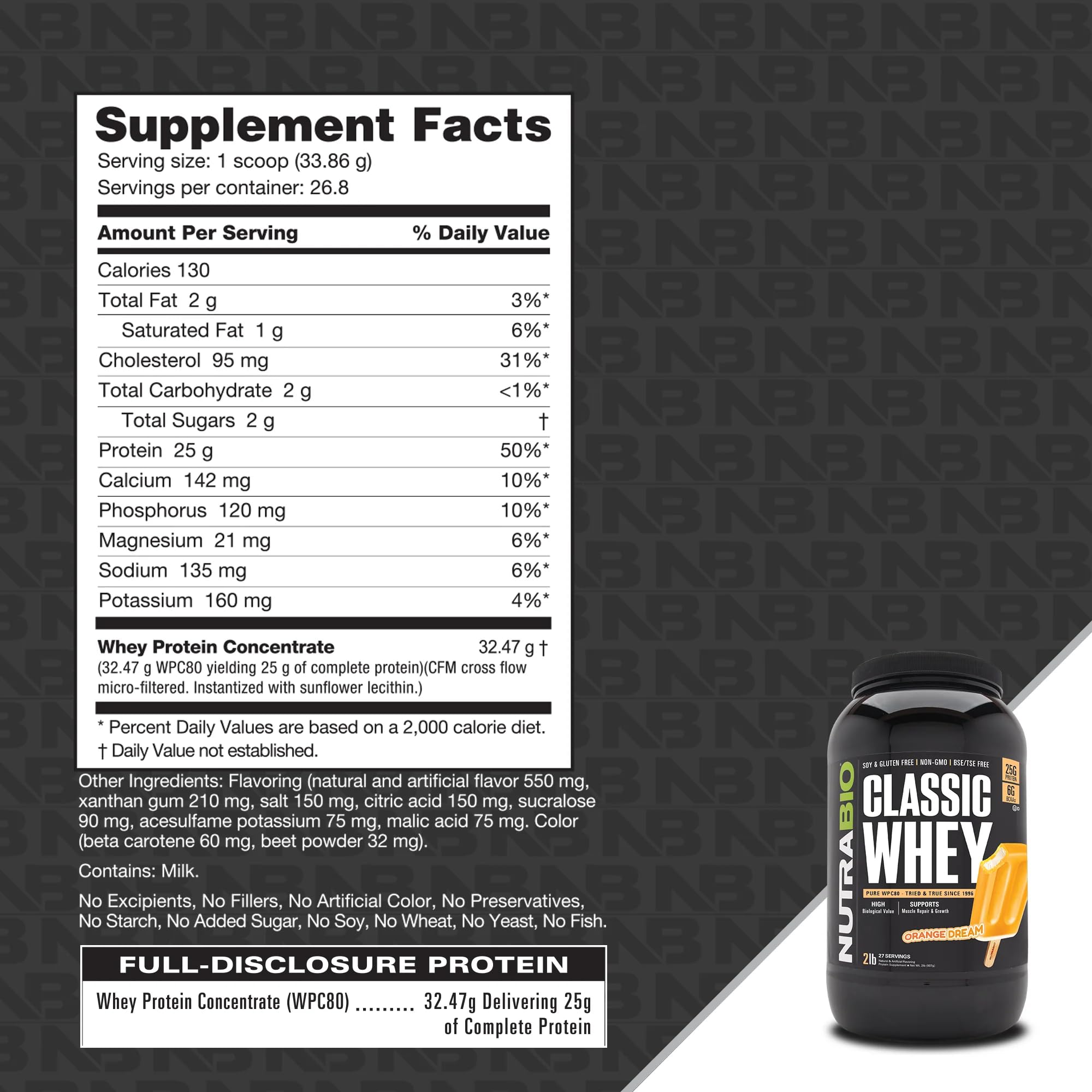 NutraBio Classic Whey Orange Dream tub front showing transparent ingredient information