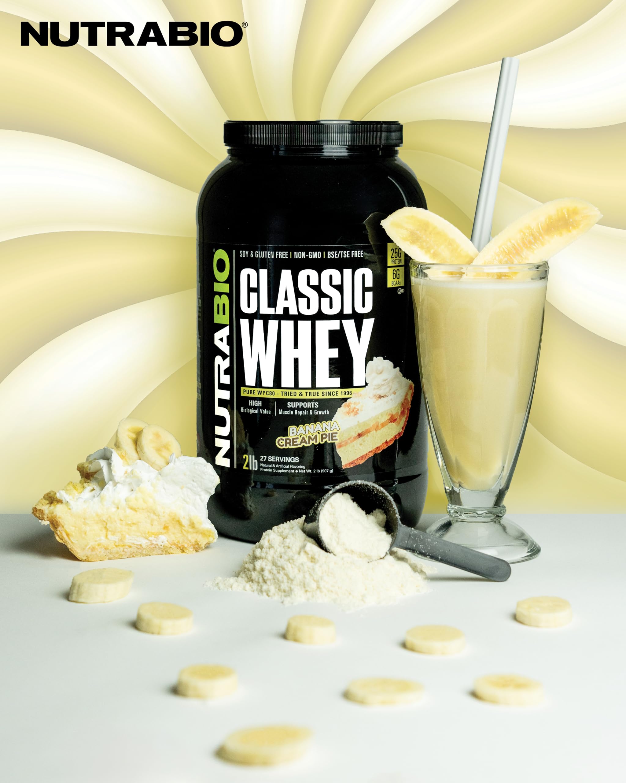 Post-workout shake prepared with NutraBio Classic Whey Banana Cream Pie.