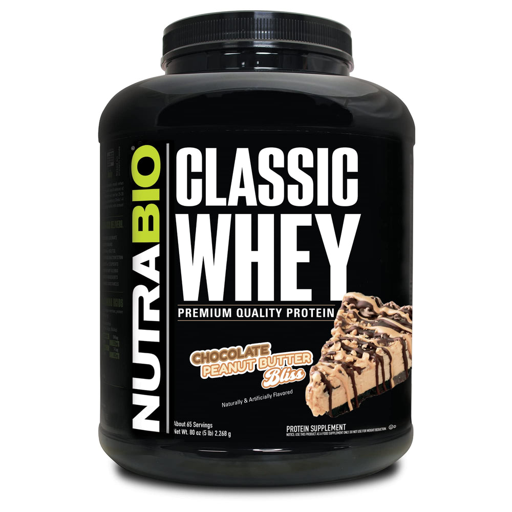 NutraBio Classic Whey bottle front shows clean label and 25 g protein per serving
