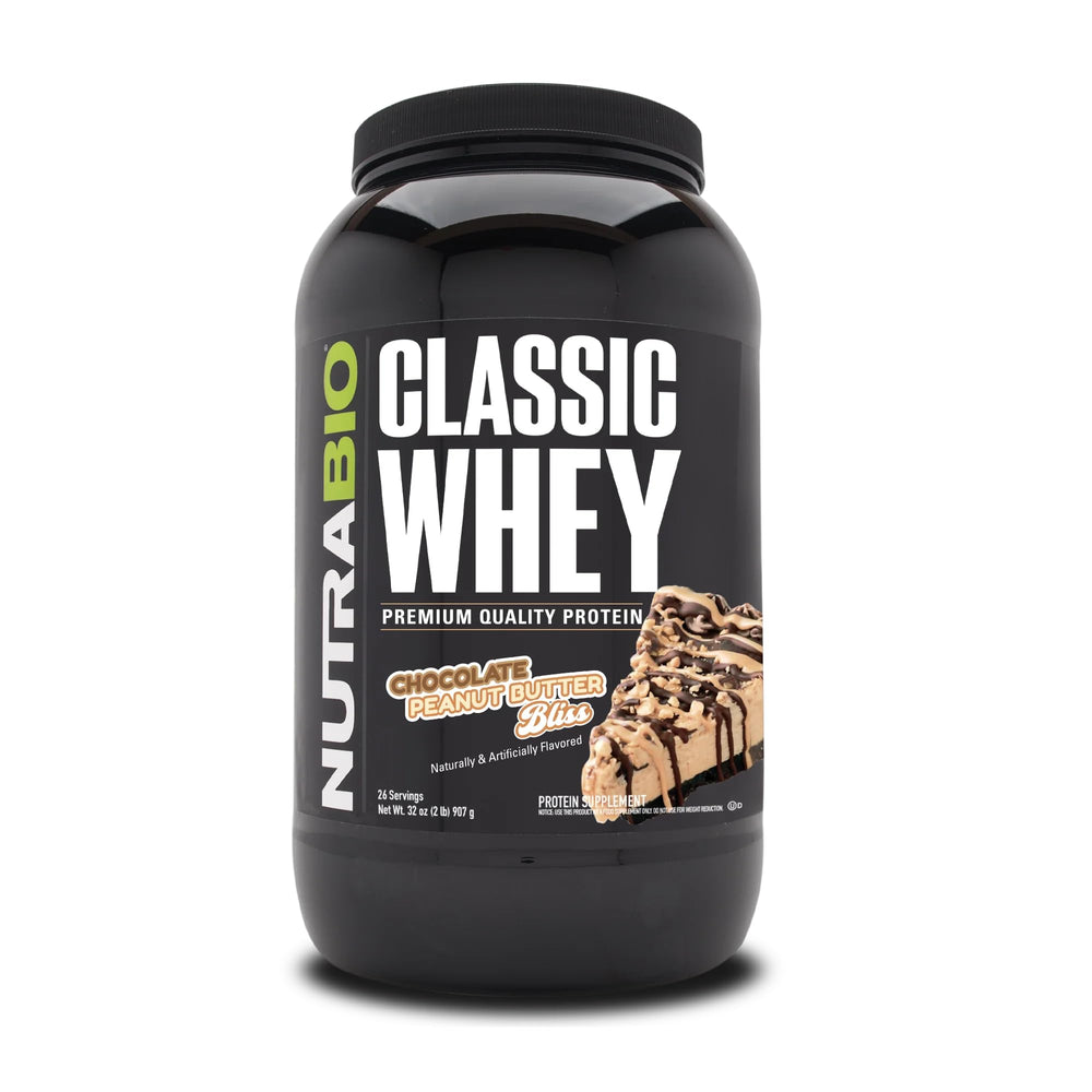 NutraBio Classic Whey powder pours for a smooth post-workout shake.