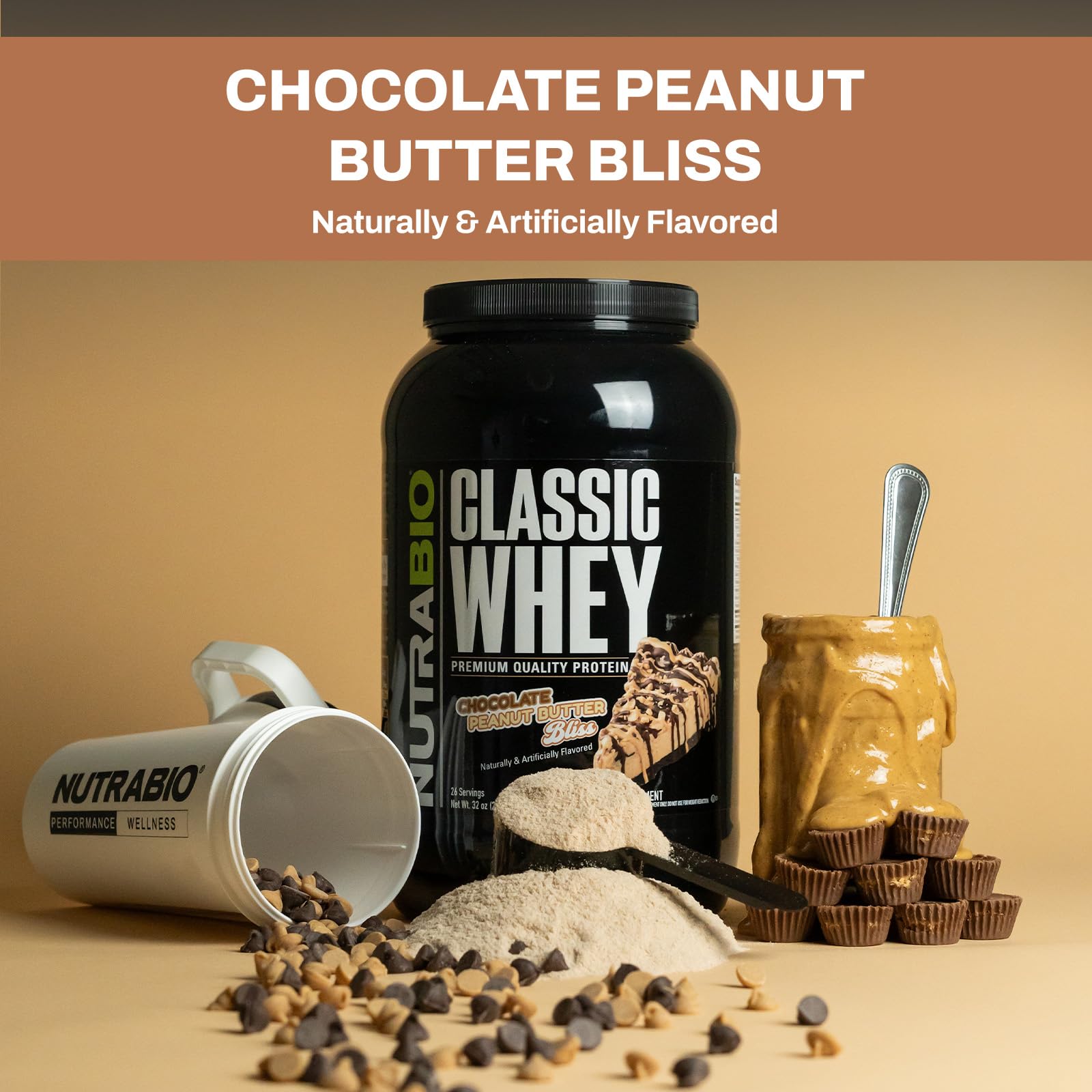 NutraBio Classic Whey scoop pouring into a glass for easy mixability