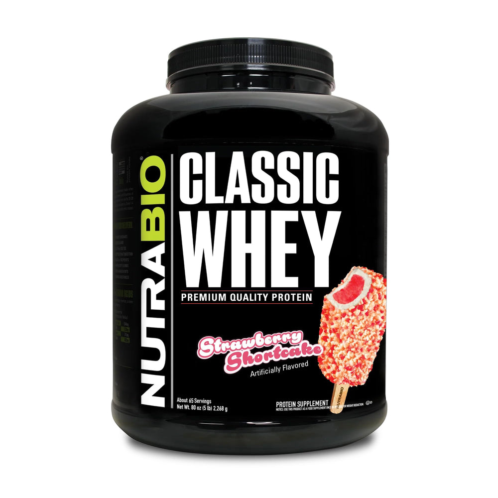 NutraBio Classic Whey canister shows clean label and 25 g protein per serving.