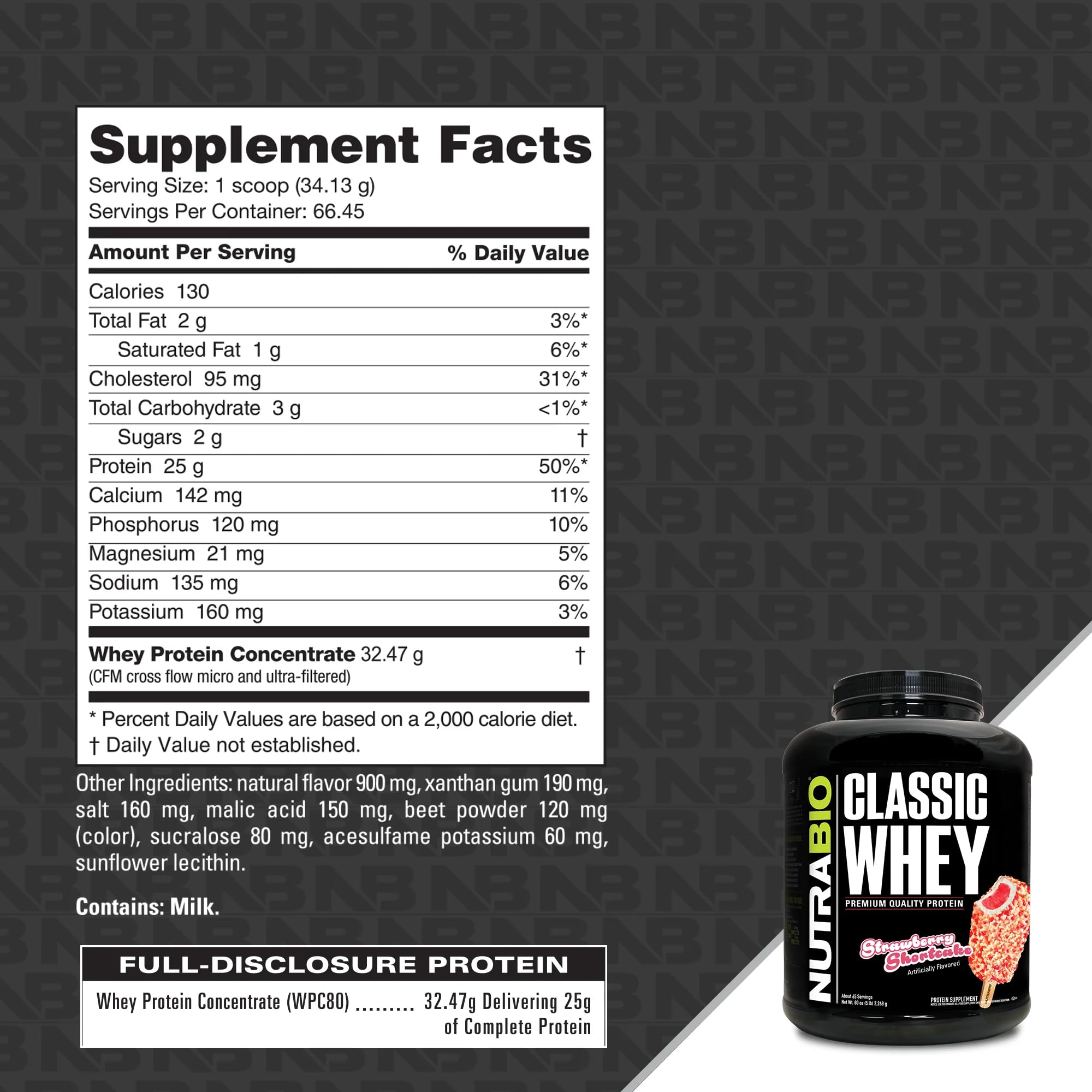 NutraBio Classic Whey protein scoop measures portions for post-workout shakes.