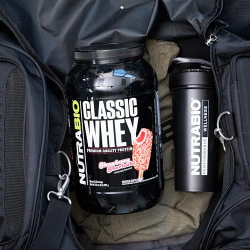 NutraBio Classic Whey scoop being dispensed into a shaker for a quick shake.