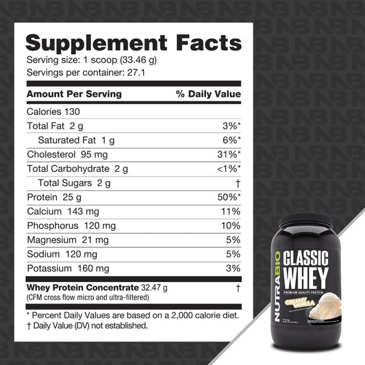 NutraBio Classic Whey scoop dispensing demonstrates precise serving.