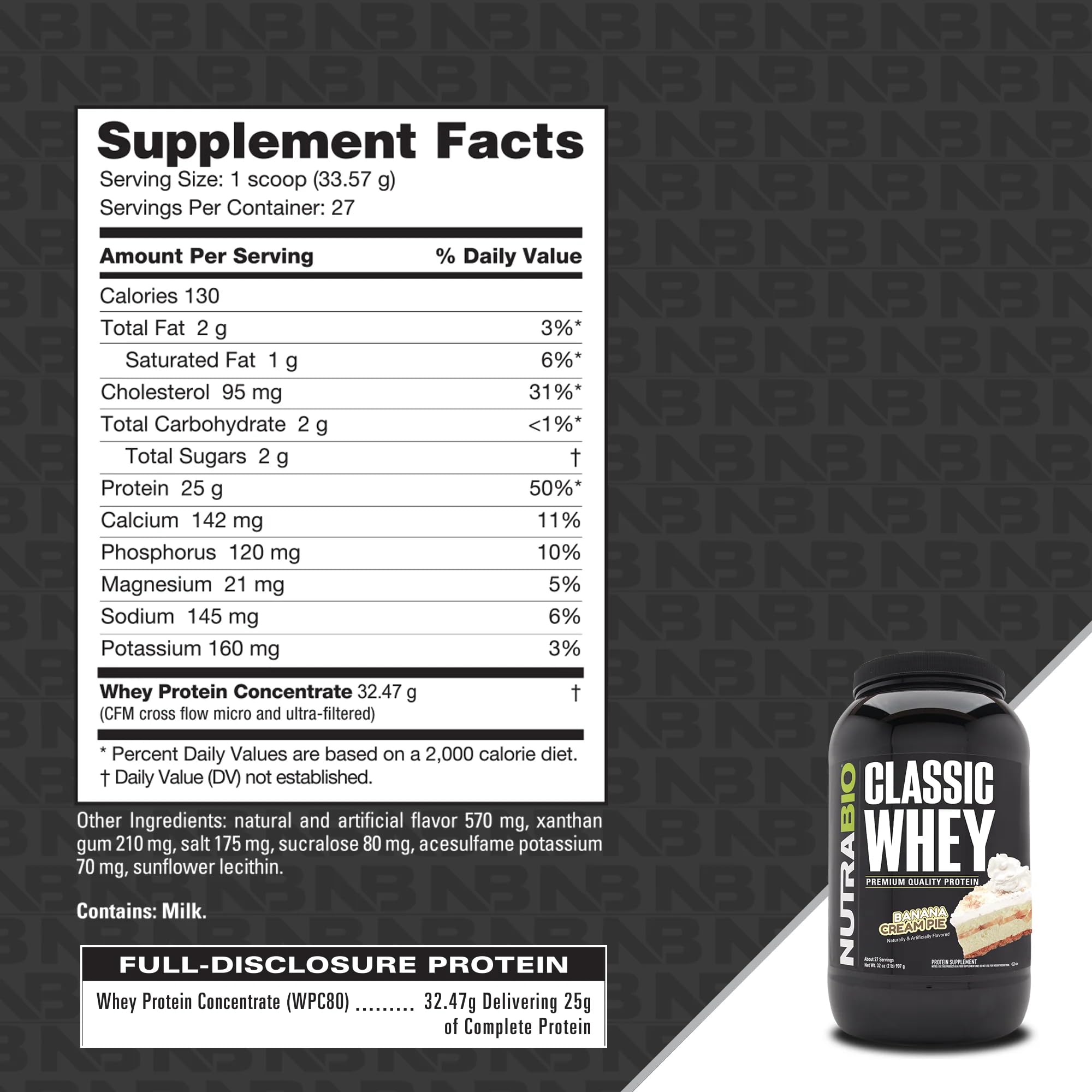 Shaker with NutraBio Classic Whey Banana Cream Pie shake.