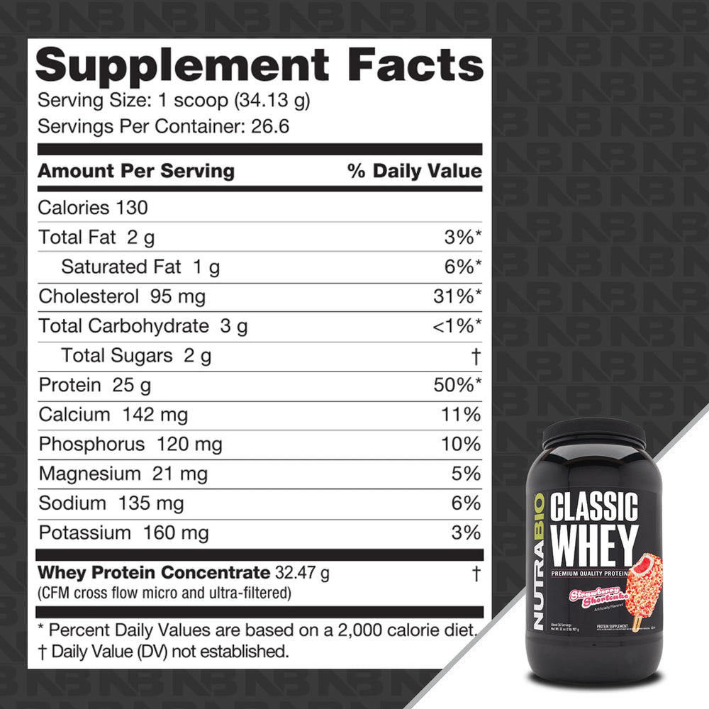 NutraBio Classic Whey strawberry shortcake flavor scoop ready for a smoothie.