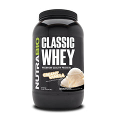 NutraBio Classic Whey tub front label shows transparent ingredients and protein quality.