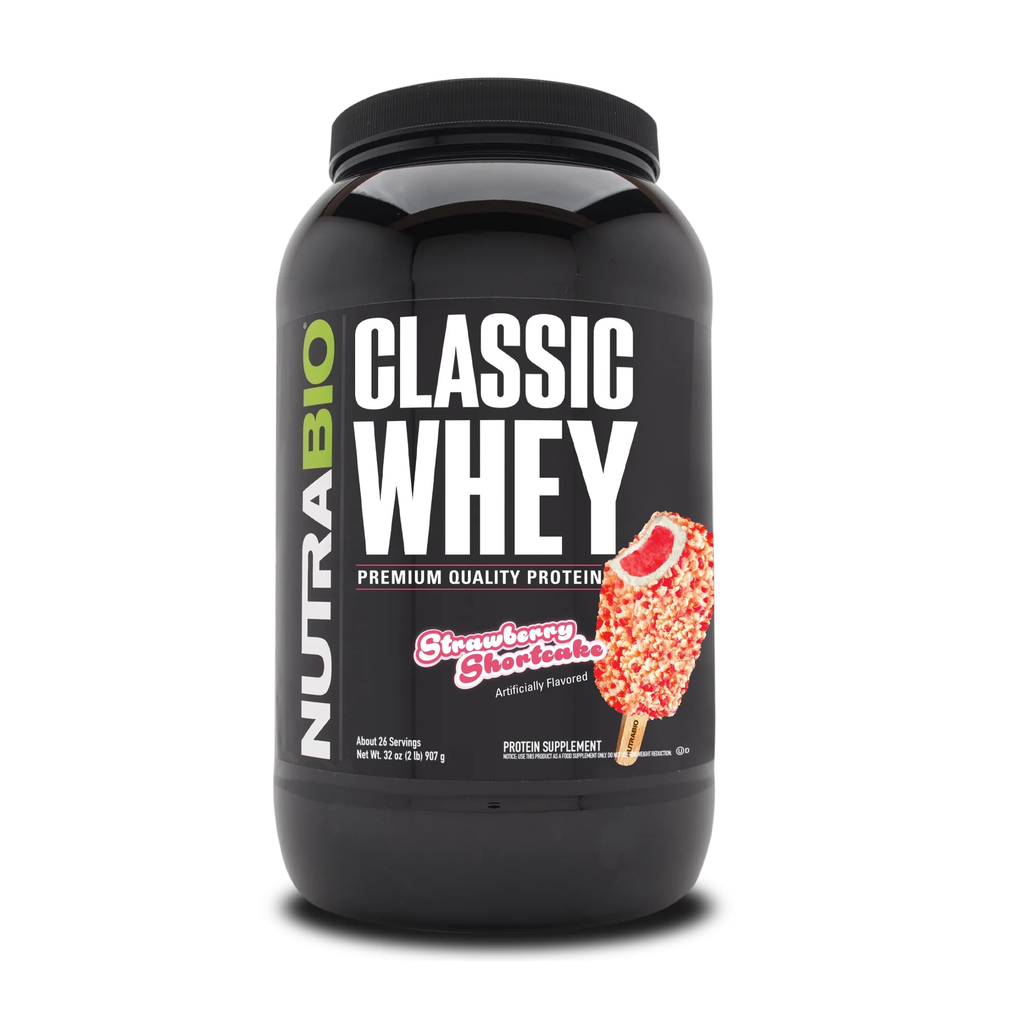 NutraBio Classic Whey tub front with strawberry shortcake flavor, premium protein.