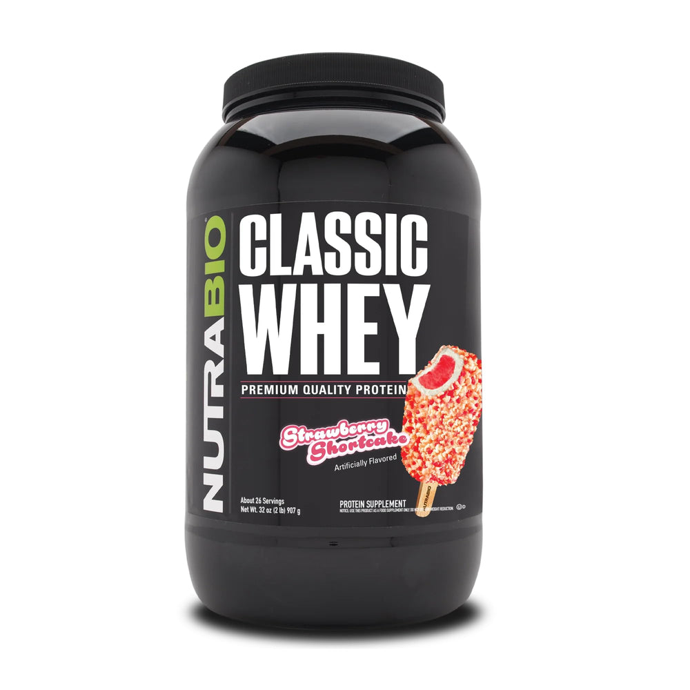 NutraBio Classic Whey tub front with strawberry shortcake flavor, premium protein.