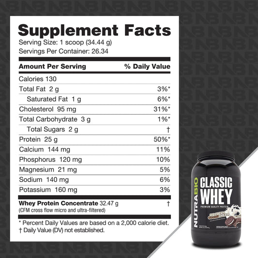 NutraBio Classic Whey tub front showing clean labeling and no fillers