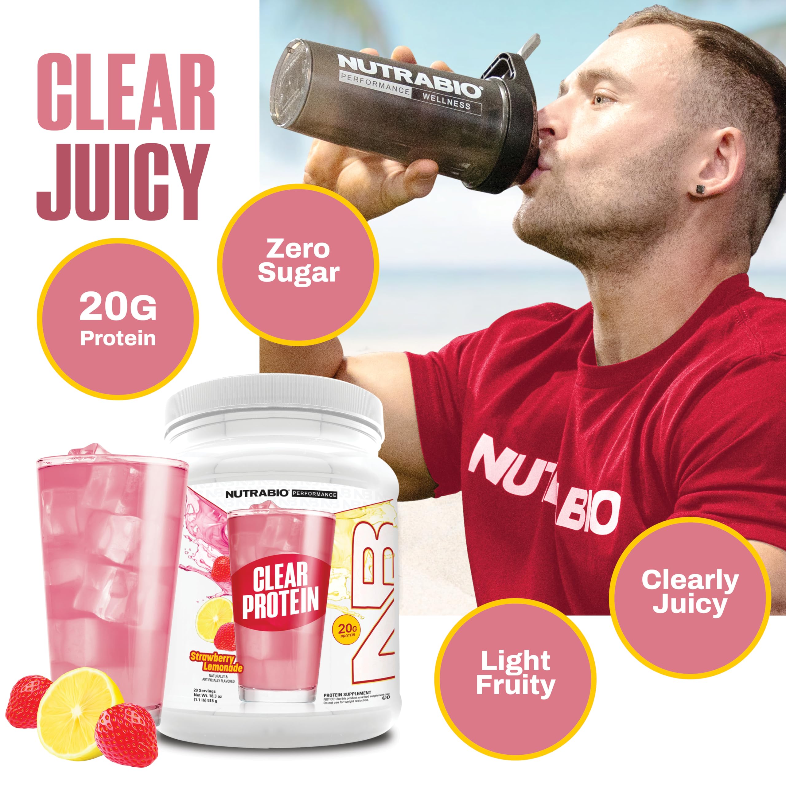 NutraBio Clear Whey Protein Strawberry Lemonade, foam-free blend ready to shake.
