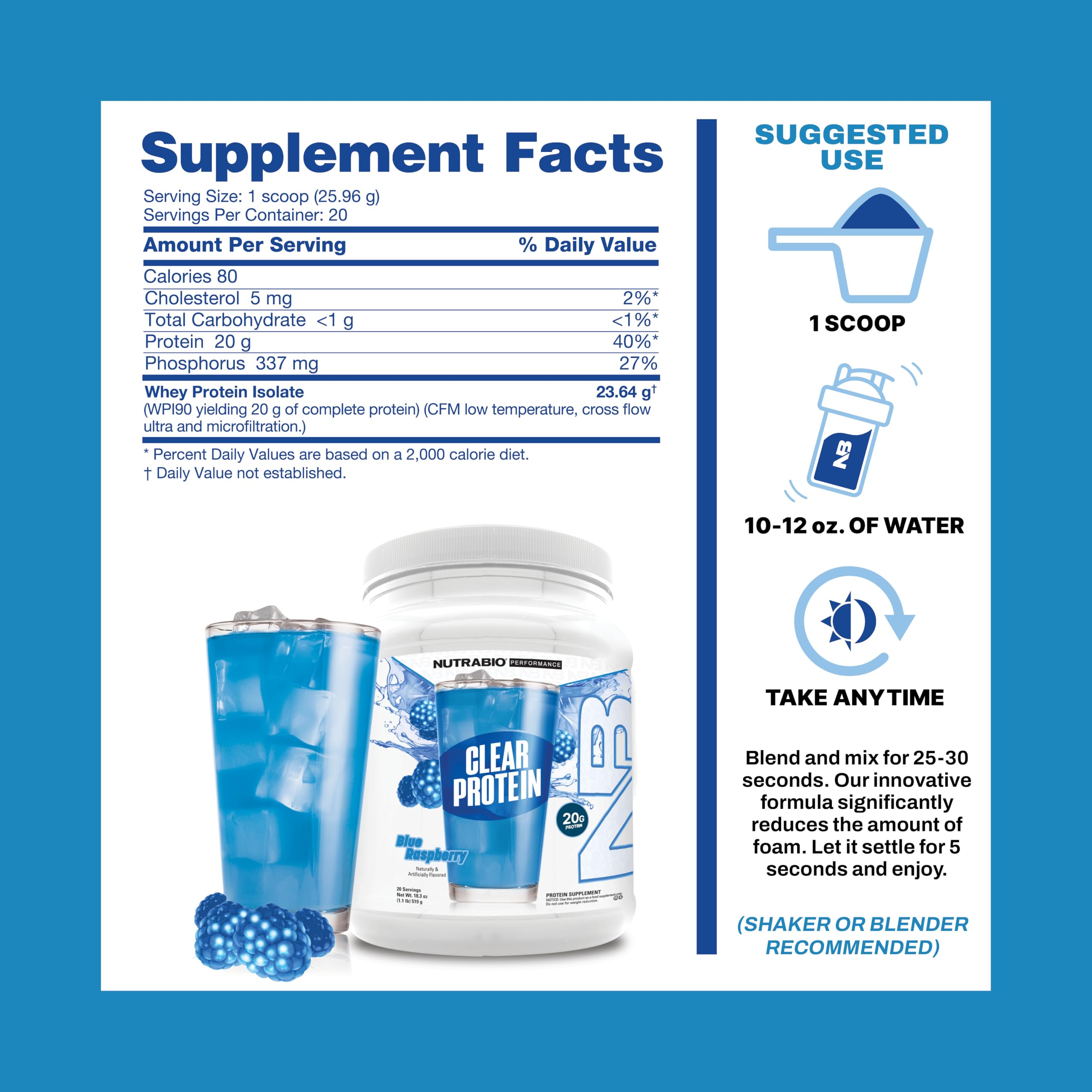 NutraBio Clear Whey Blue Raspberry bottle emphasizes brand trust and product transparency