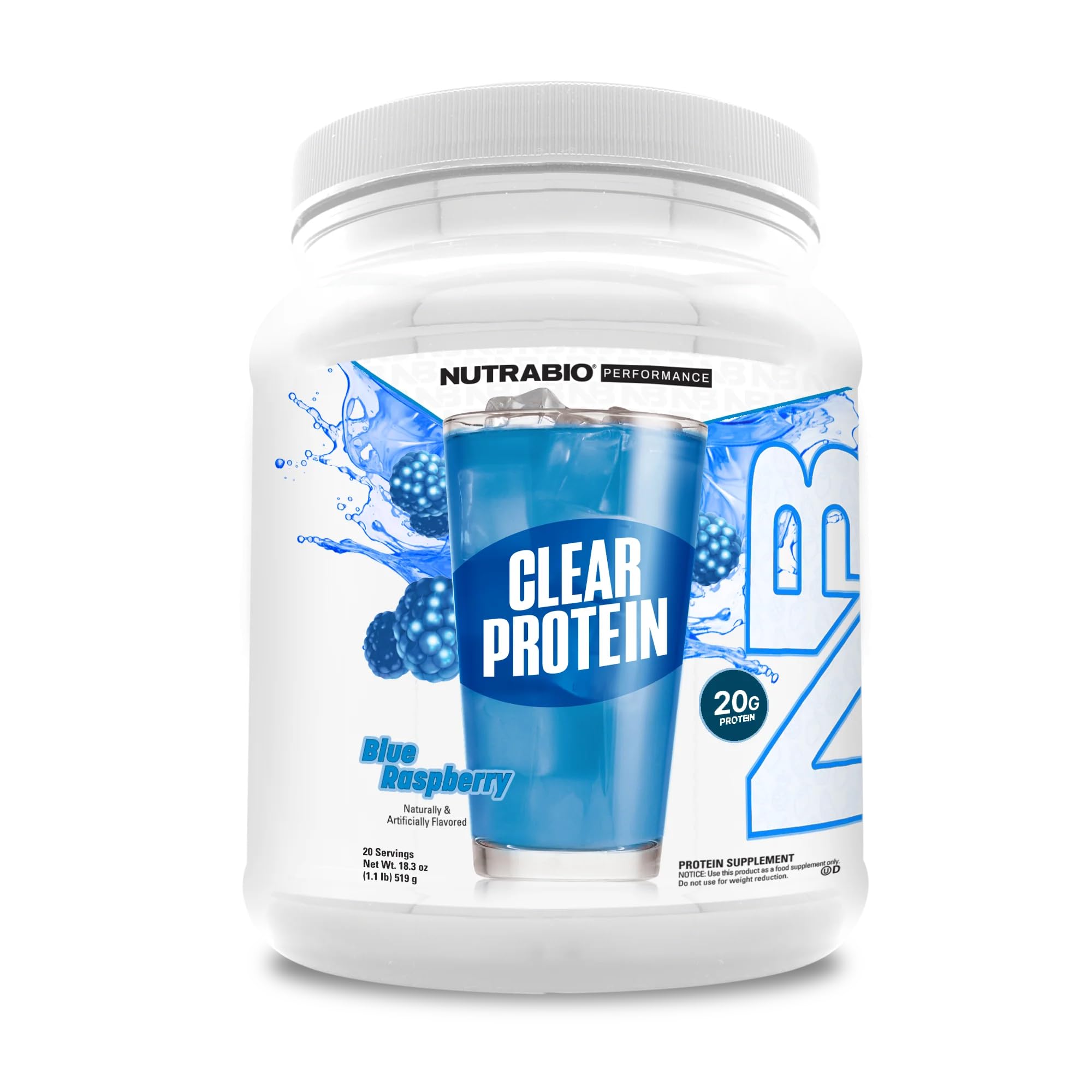 NutraBio Clear Whey Blue Raspberry in glass highlighting a refreshing post-workout drink