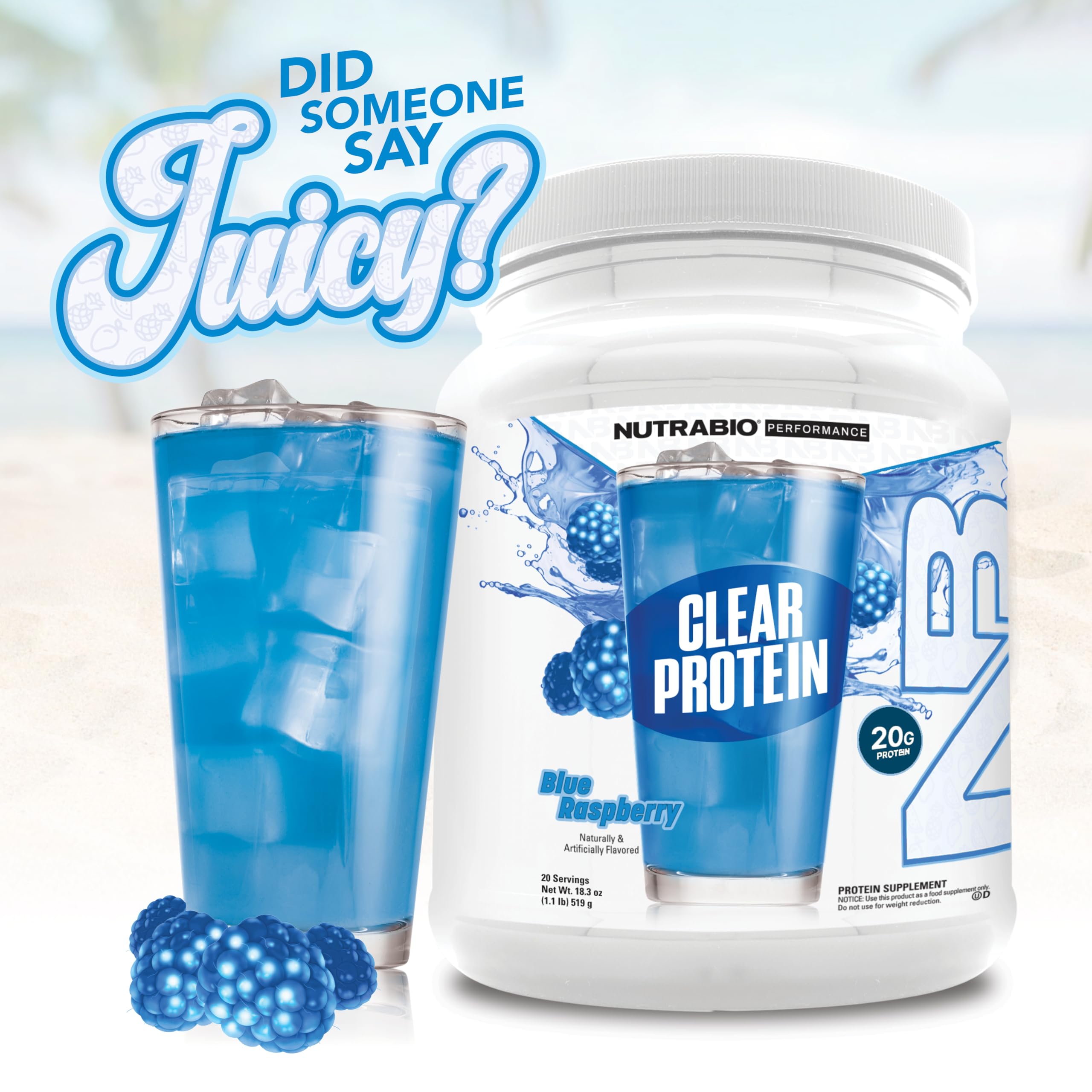 NutraBio Clear Whey Blue Raspberry ice-cold cup conveys refreshing post-workout hydration