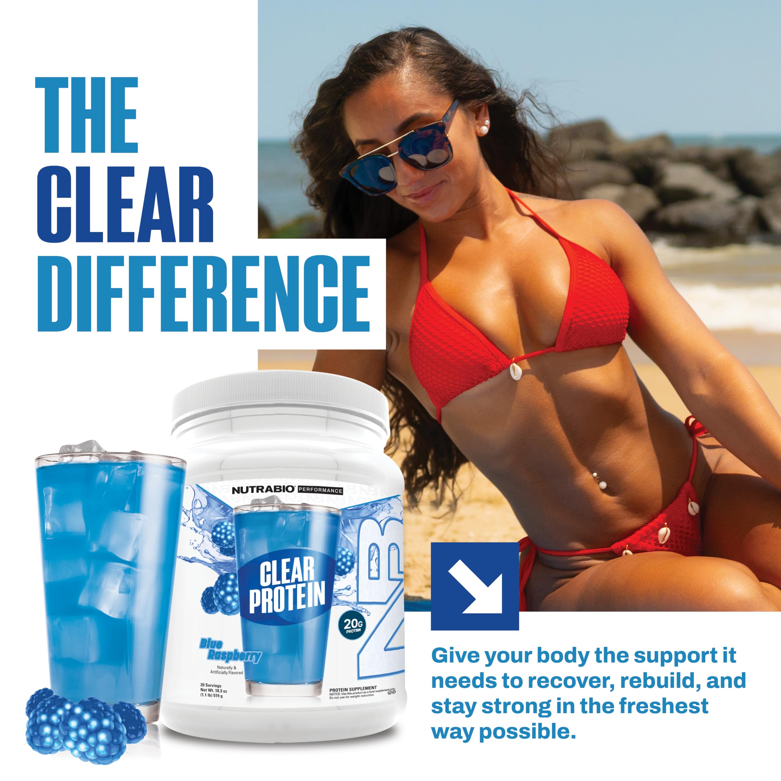 NutraBio Clear Whey Blue Raspberry label closeup highlights GMP certification and third-party testing