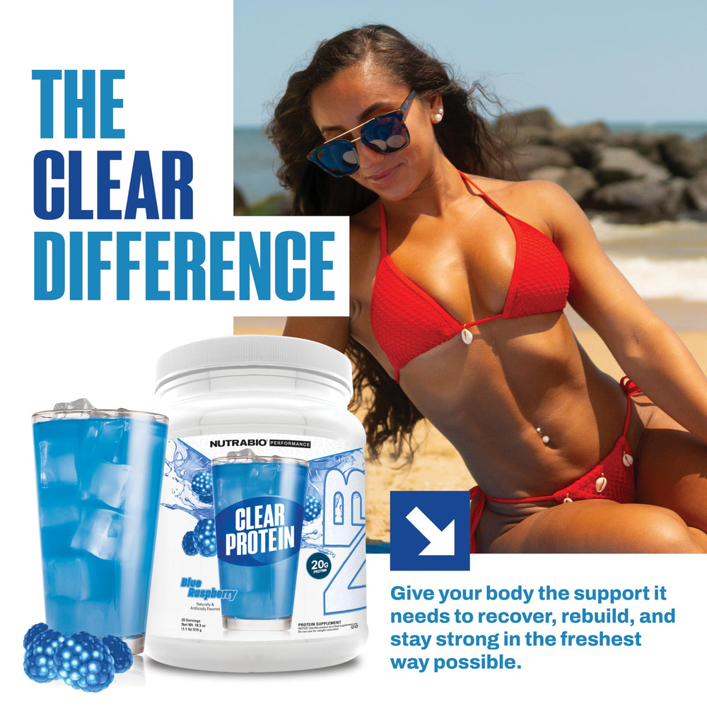 NutraBio Clear Whey Blue Raspberry label closeup highlights GMP certification and third-party testing