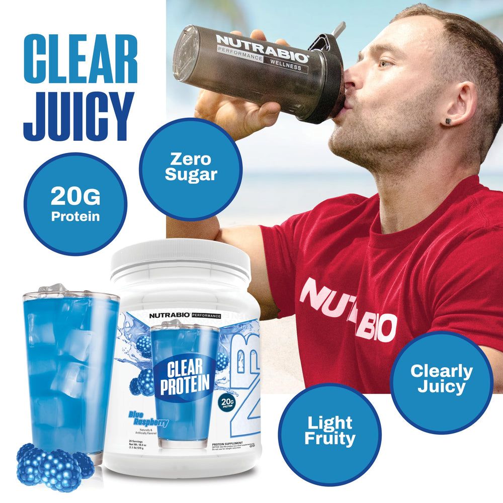 NutraBio Clear Whey Blue Raspberry pour shows fast mixing and a refreshing taste