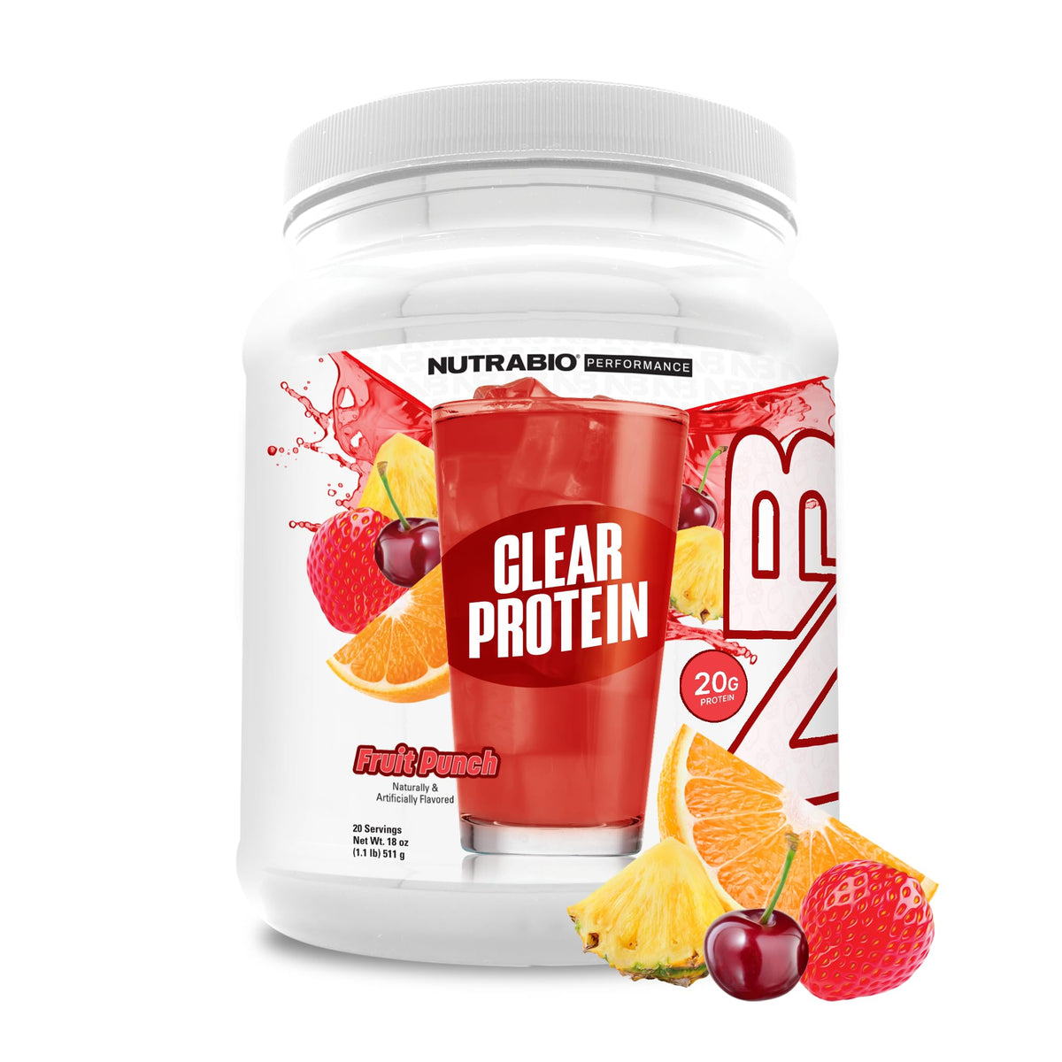 NutraBio Clear Whey Fruit Punch bottle ready to refresh after workout