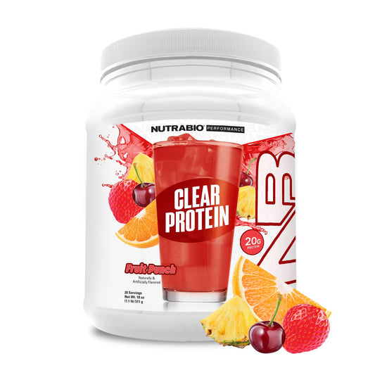 NutraBio Clear Whey Fruit Punch bottle ready to refresh after workout