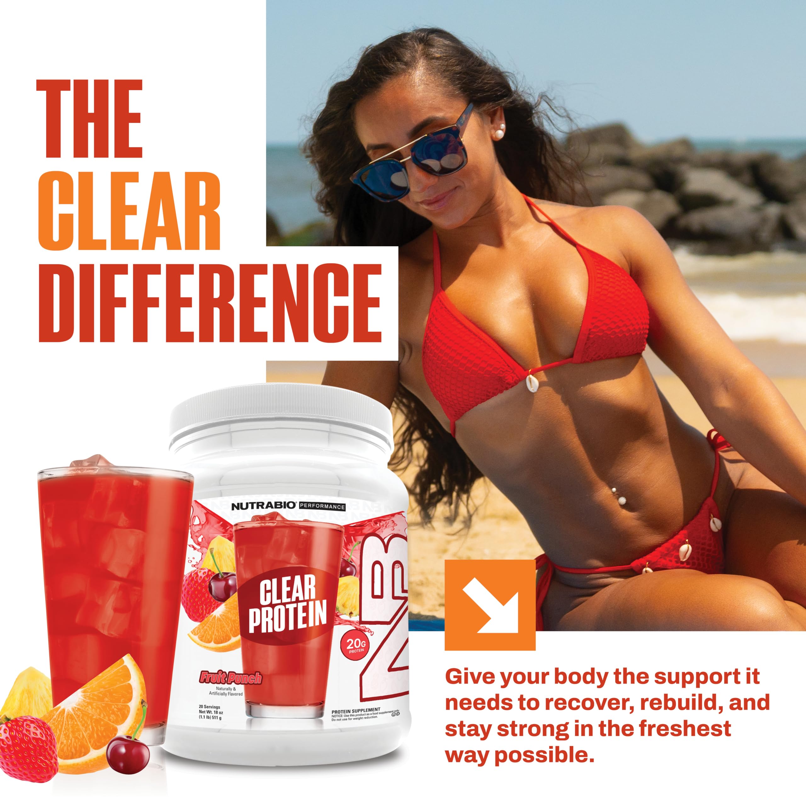 Close-up of NutraBio Clear Whey Fruit Punch label showing ingredients
