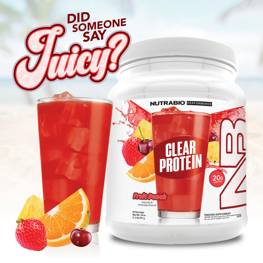 Pour action of NutraBio Clear Whey Fruit Punch into a cup