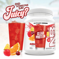 Pour action of NutraBio Clear Whey Fruit Punch into a cup