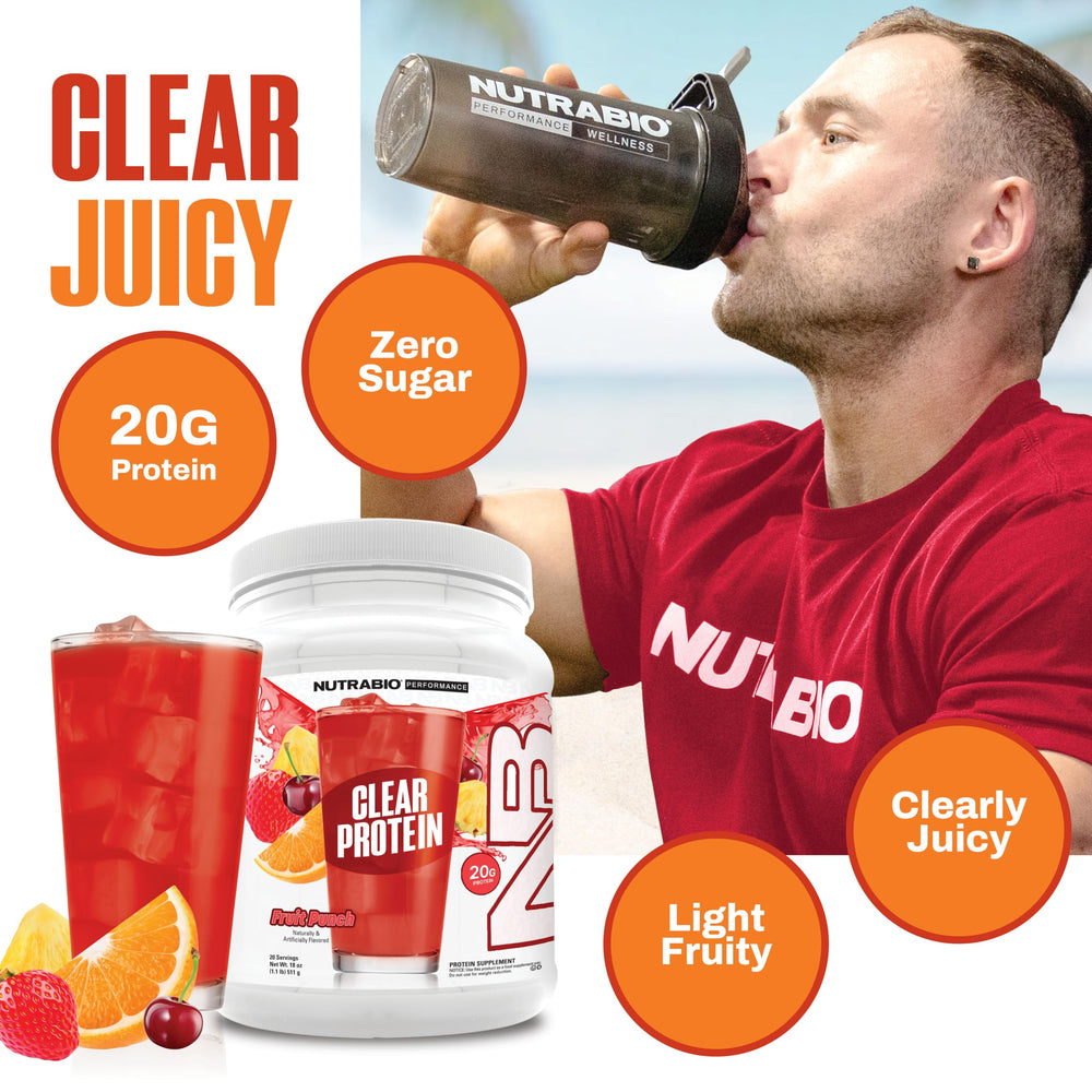 NutraBio Clear Whey Fruit Punch shaker for quick foam-free mixing