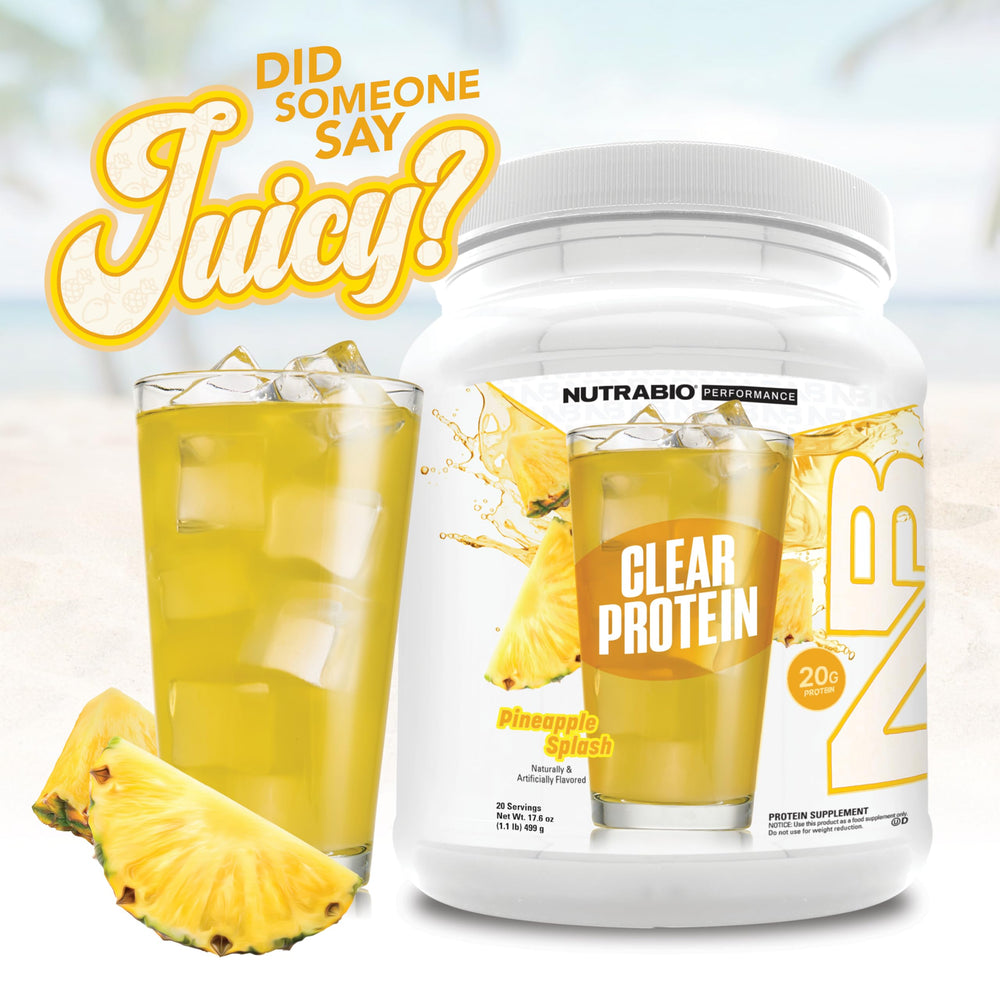 NutraBio Clear Protein Pineapple Splash back view showcases portable, on-the-go protein option.