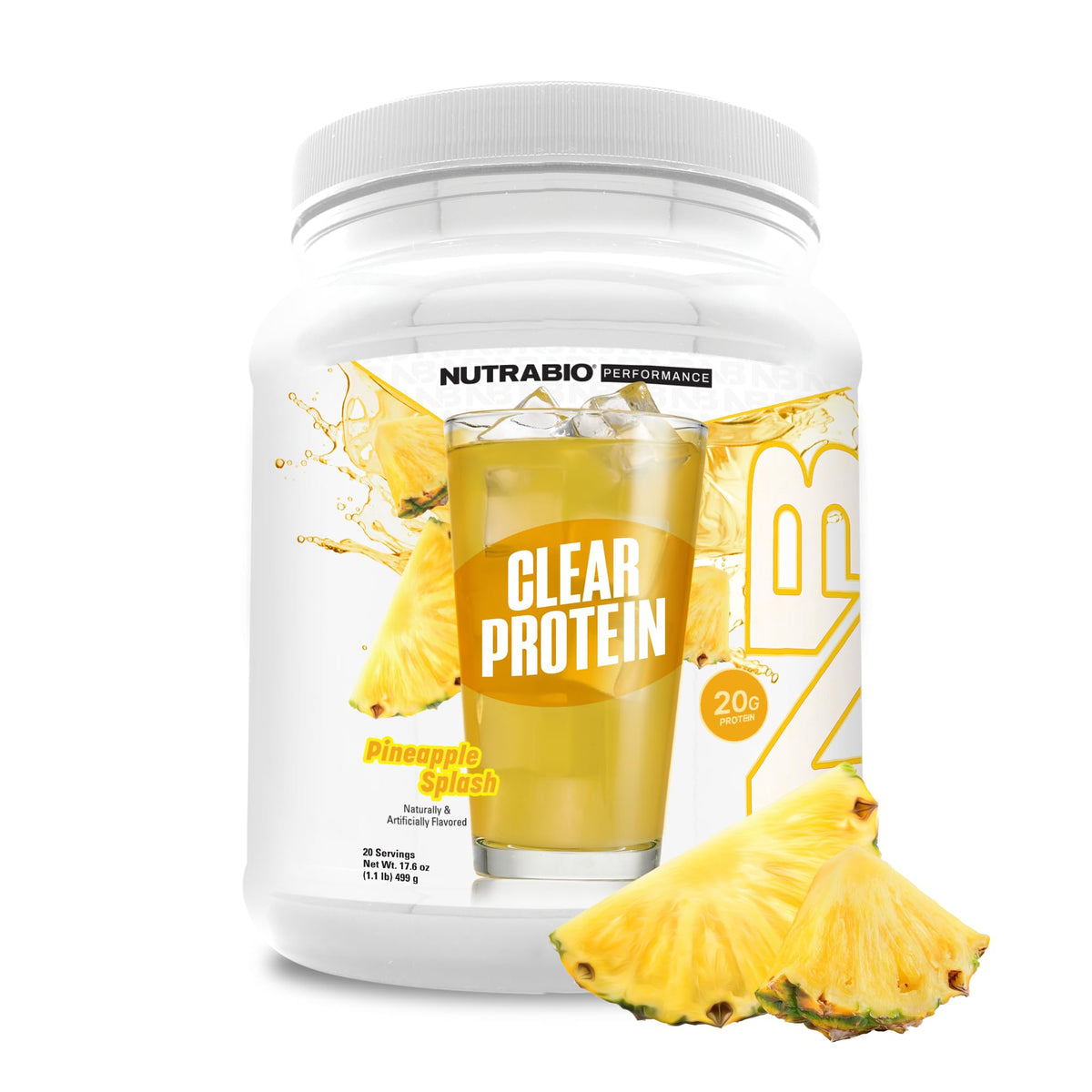NutraBio Clear Protein Pineapple Splash bottle highlights a refreshing, sugar-free whey option for post-workout hydration.