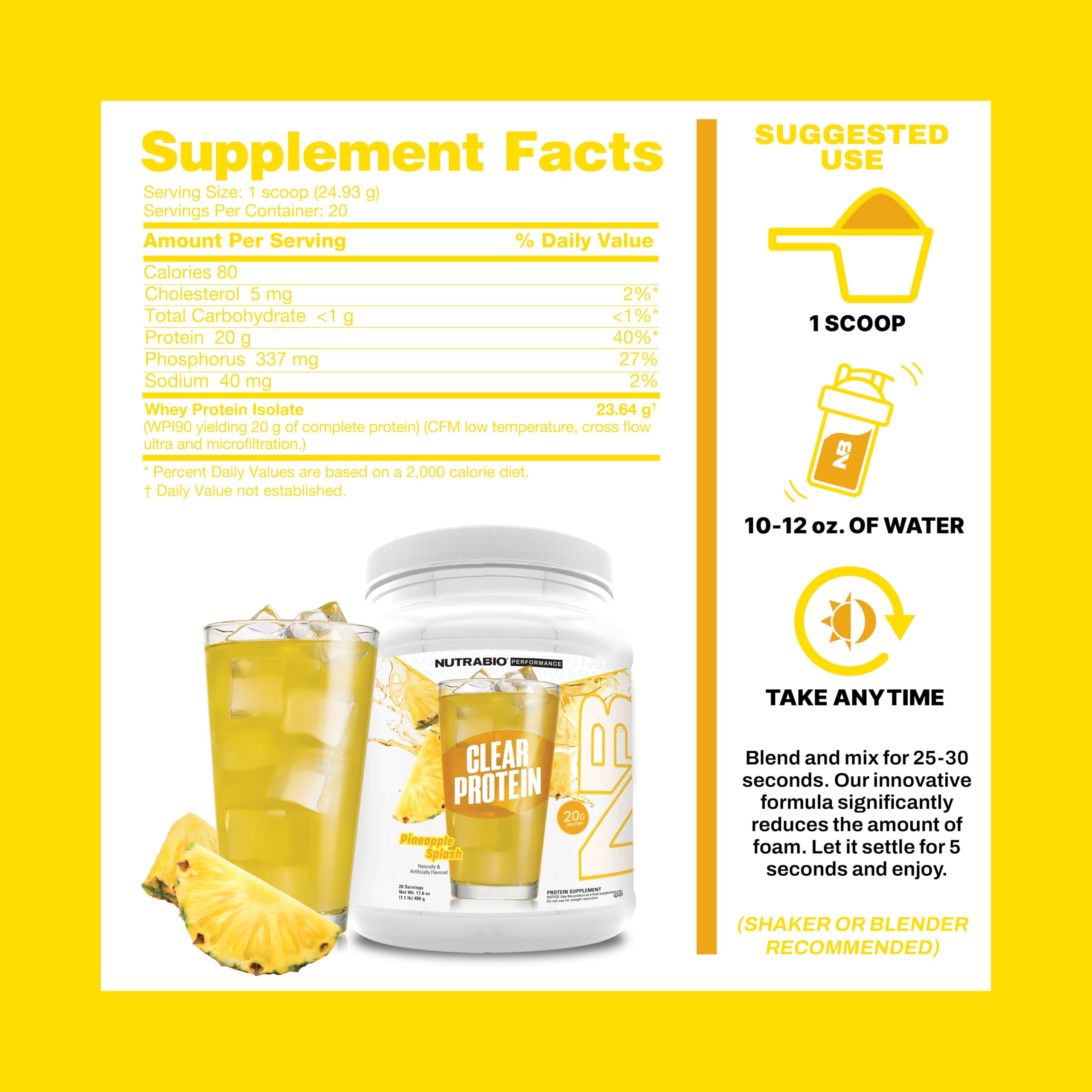 NutraBio Clear Protein Pineapple Splash post-workout drink with fast absorption and refreshing taste.