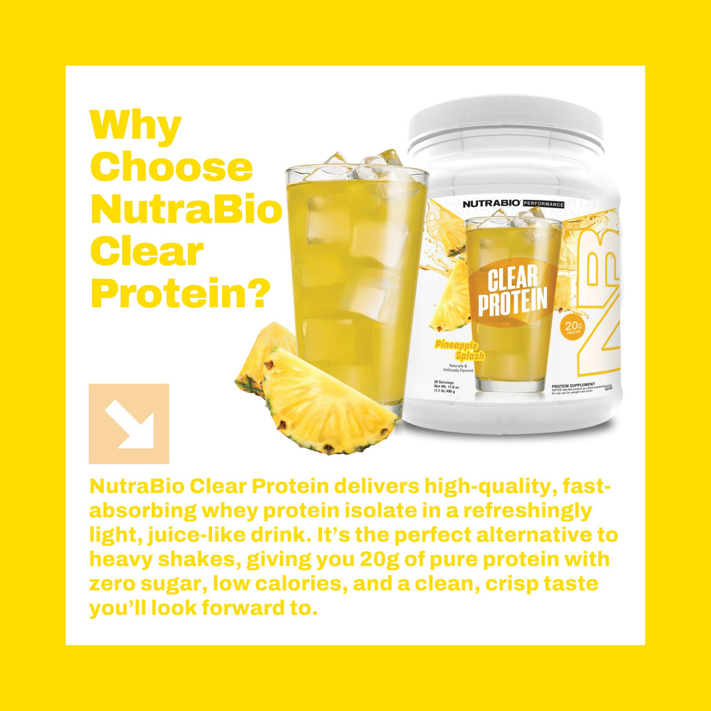 NutraBio Clear Protein Pineapple Splash serving suggestion: mix with cold water for a refreshing shake.