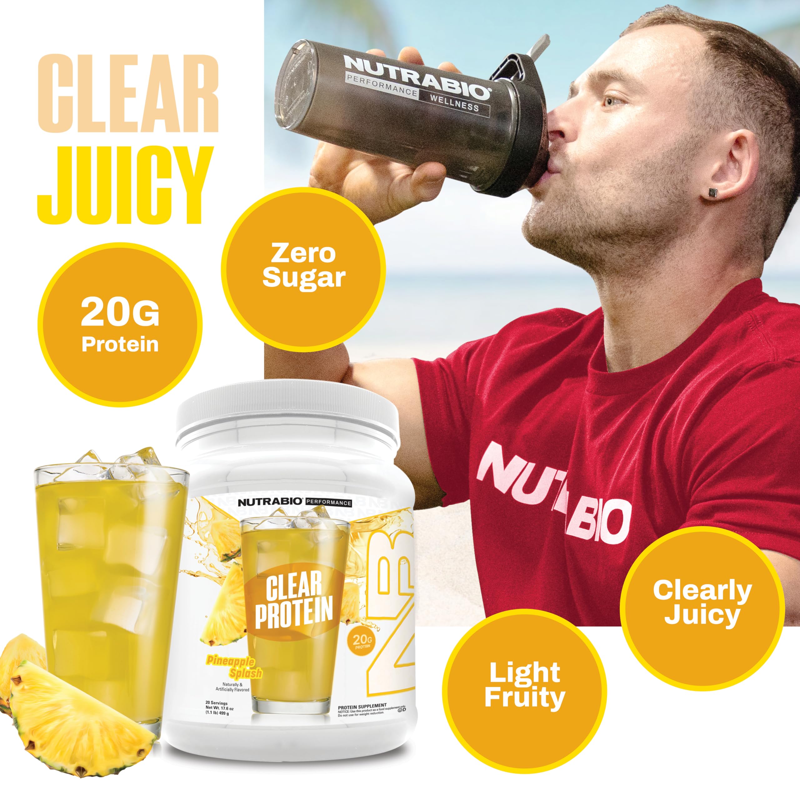 NutraBio Clear Protein Pineapple Splash shaker-ready mix delivers quick-dissolving protein for lean muscle support.