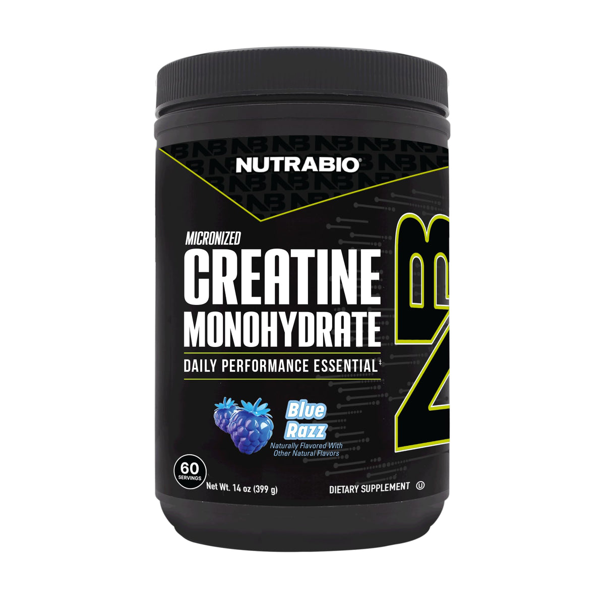 NutraBio Creatine Blue Razz bottle front view for steady energy during workouts.