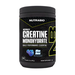 NutraBio Creatine Blue Razz bottle front view for steady energy during workouts.