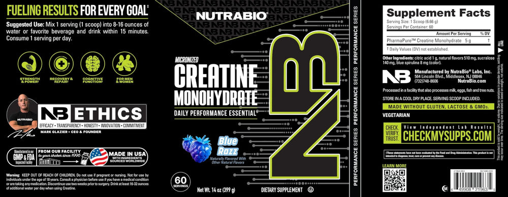 NutraBio Creatine Blue Razz in gym backdrop suggesting performance support.