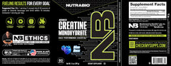 NutraBio Creatine Blue Razz in gym backdrop suggesting performance support.