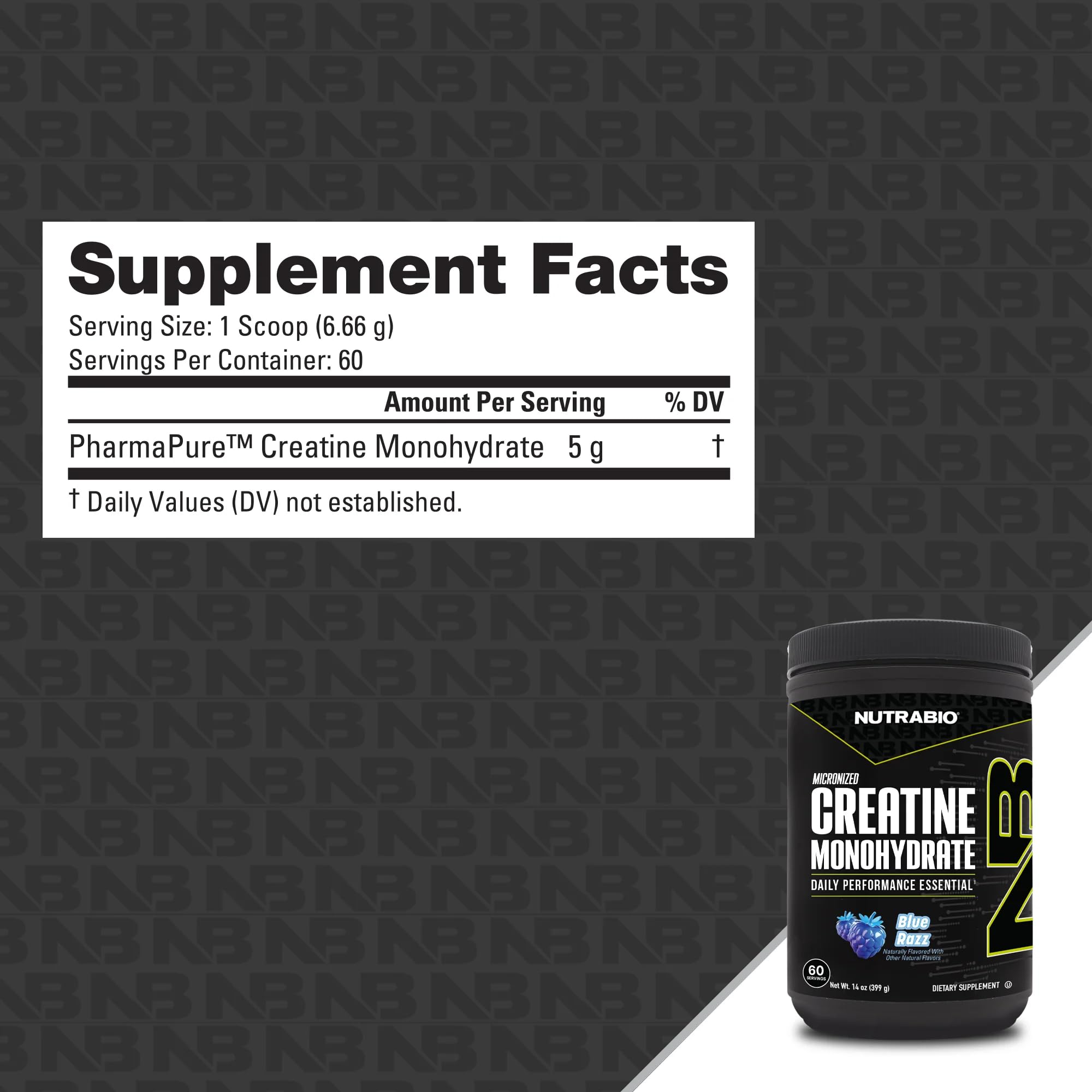 NutraBio Creatine Blue Razz scoop dispersion emphasizes fast mixing.