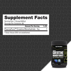NutraBio Creatine Blue Razz scoop dispersion emphasizes fast mixing.